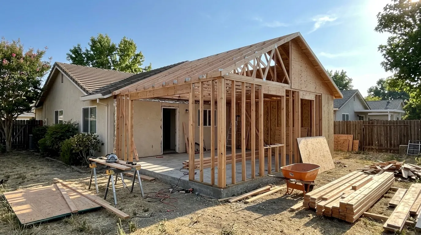 Room addition framing in progress on a single-story home