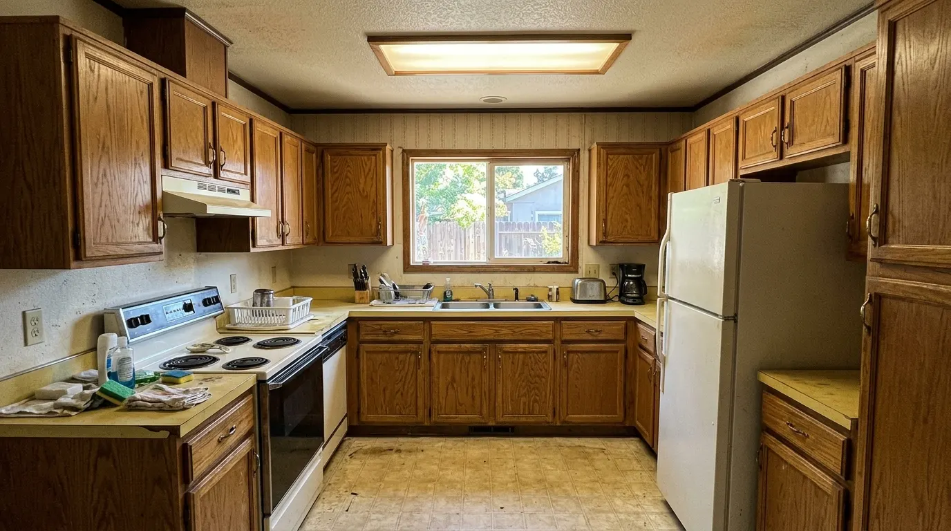Dated kitchen with worn oak cabinets and laminate counters before remodel