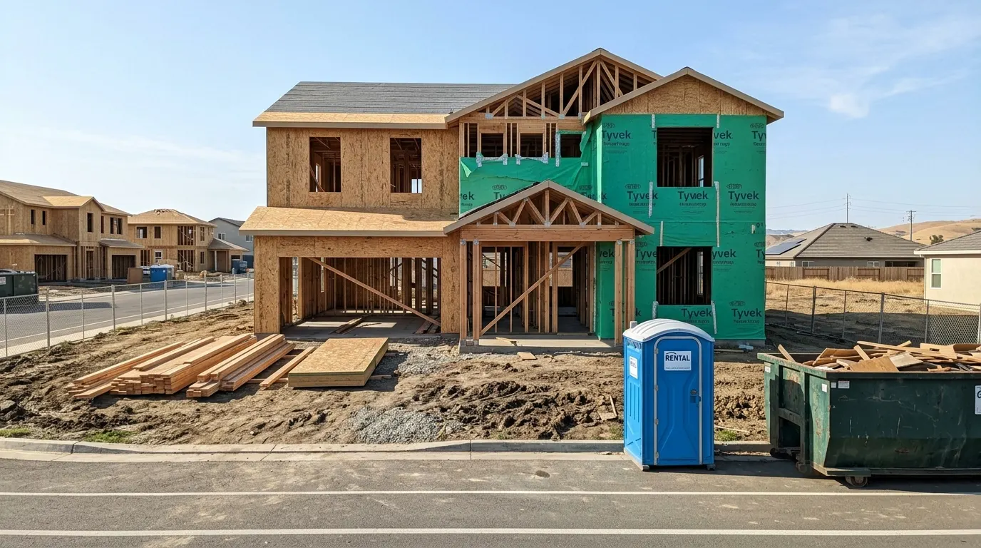 New custom home fully framed with house wrap during construction