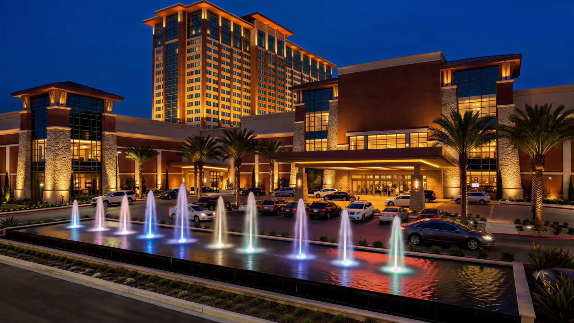Casino resort hotel tower and entrance lit up at dusk with fountains in front