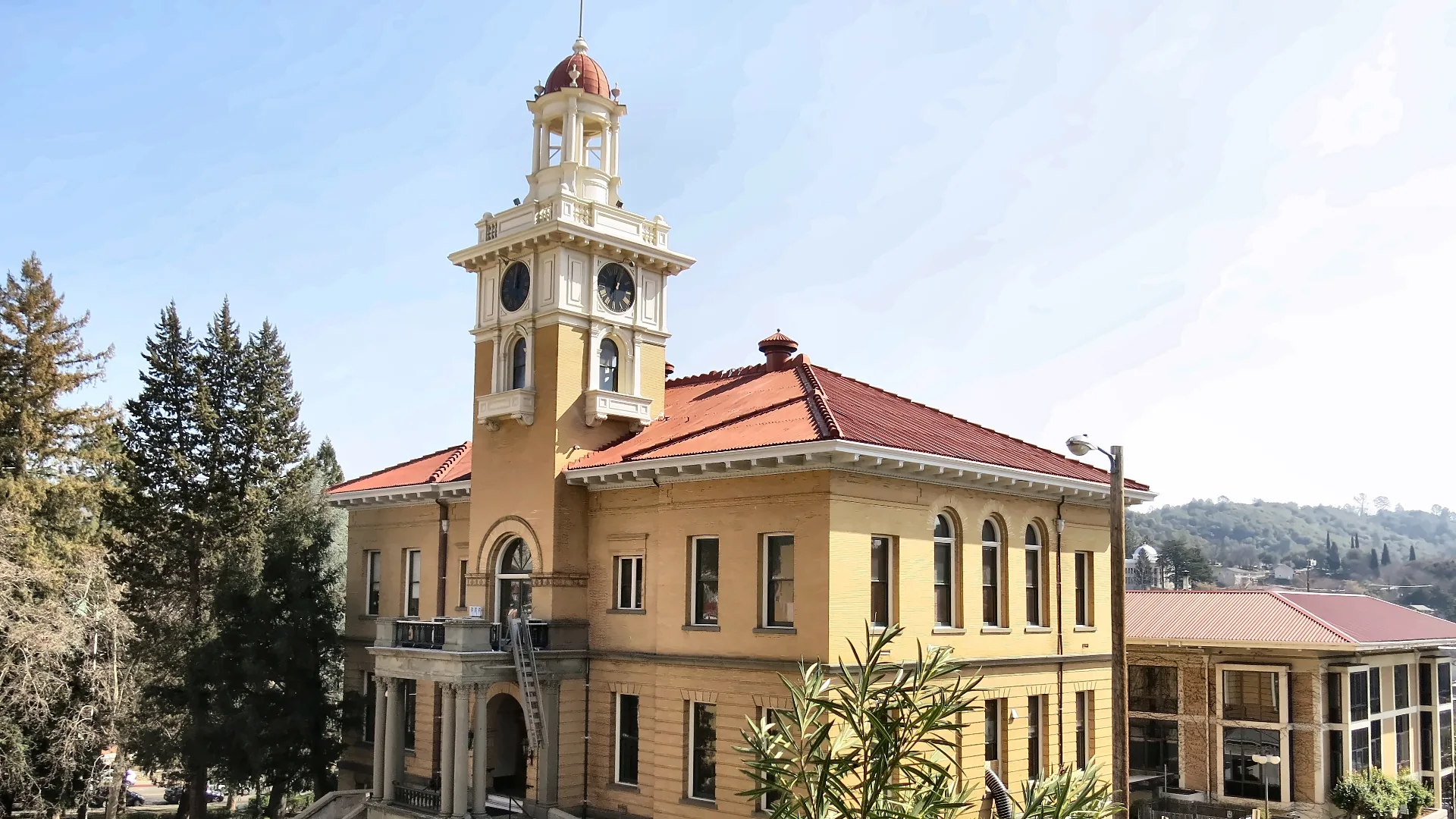 Historic county courthouse with clock tower in Sonora, California